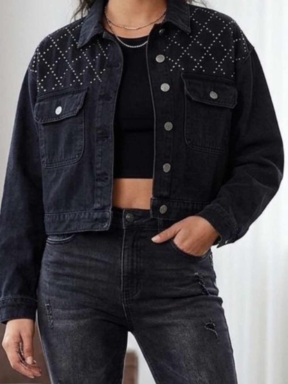 Nasty Gal Black Studded Cropped Denim Jacket - Diamond Accent